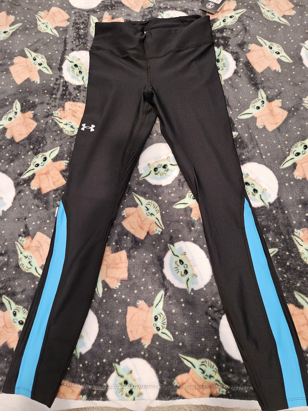 Under Armour Black Leggings with Bright Blue Side Stripes
